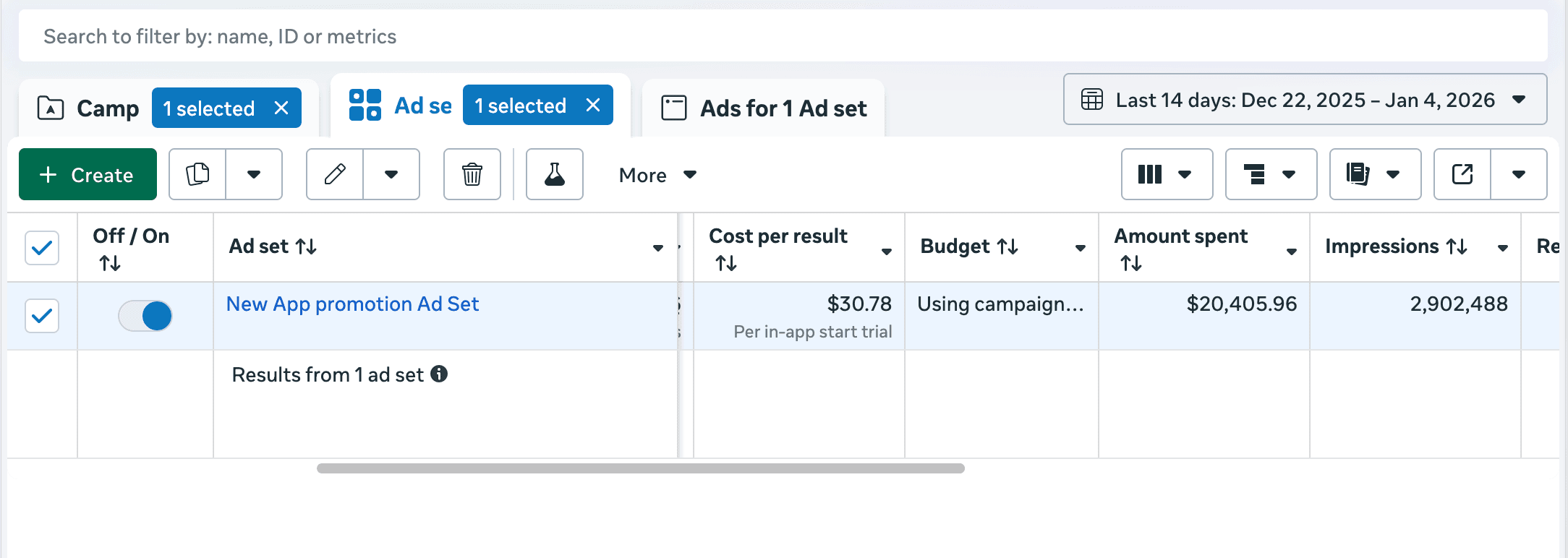 Meta Ads showing app promotion with 2.9M impressions