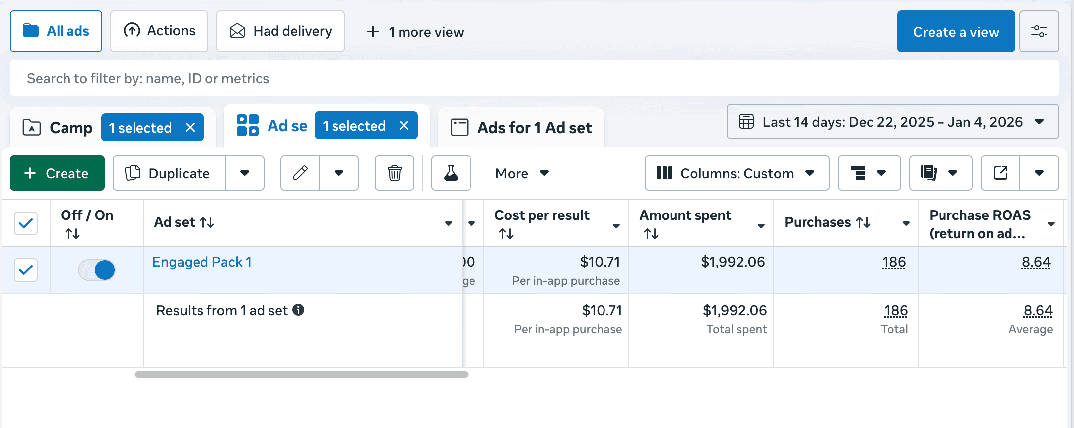 Meta Ads showing 8.64 ROAS with 186 in-app purchases