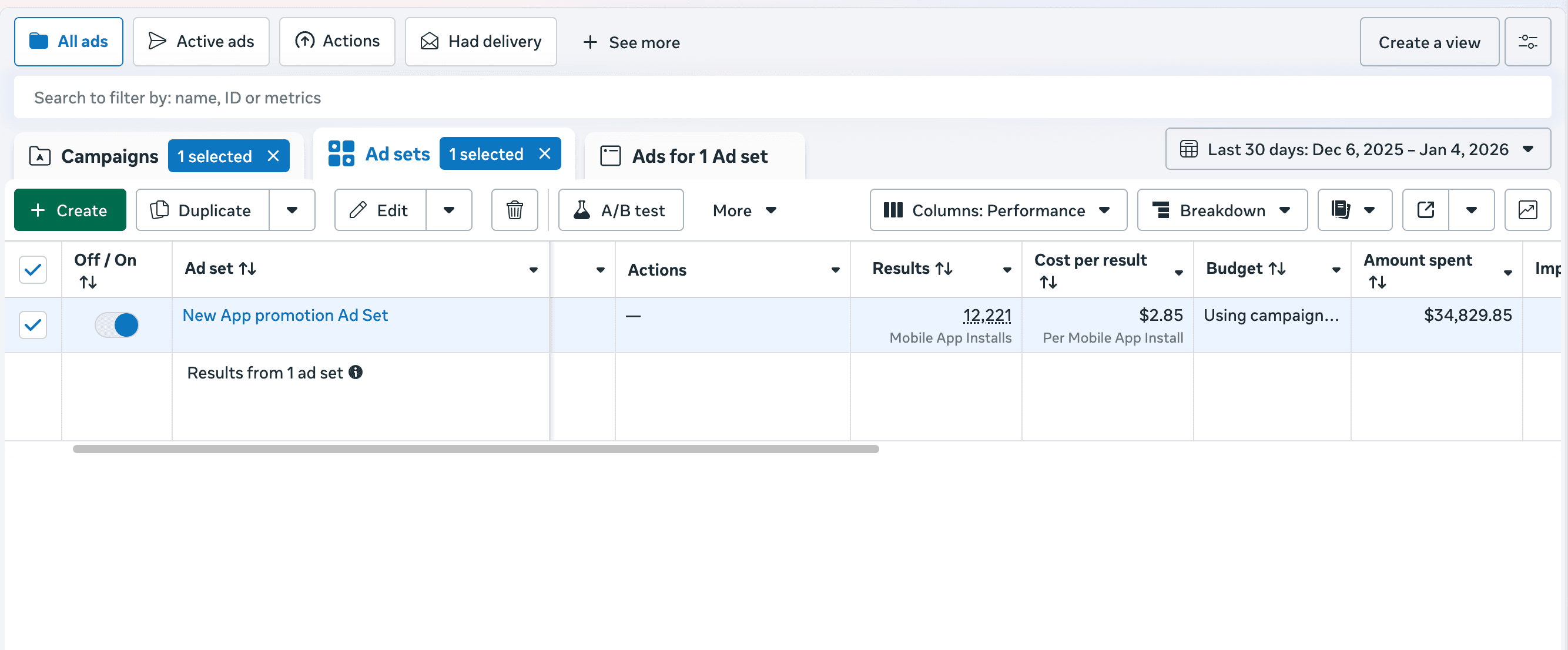 Meta Ads showing 12,221 mobile app installs at $2.85 per install