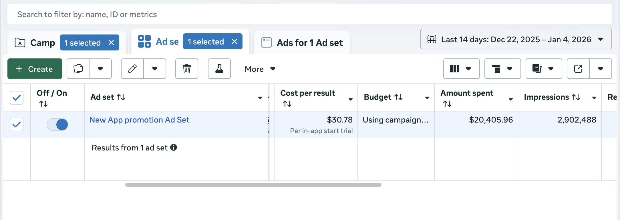 Meta Ads showing app promotion with 2.9M impressions