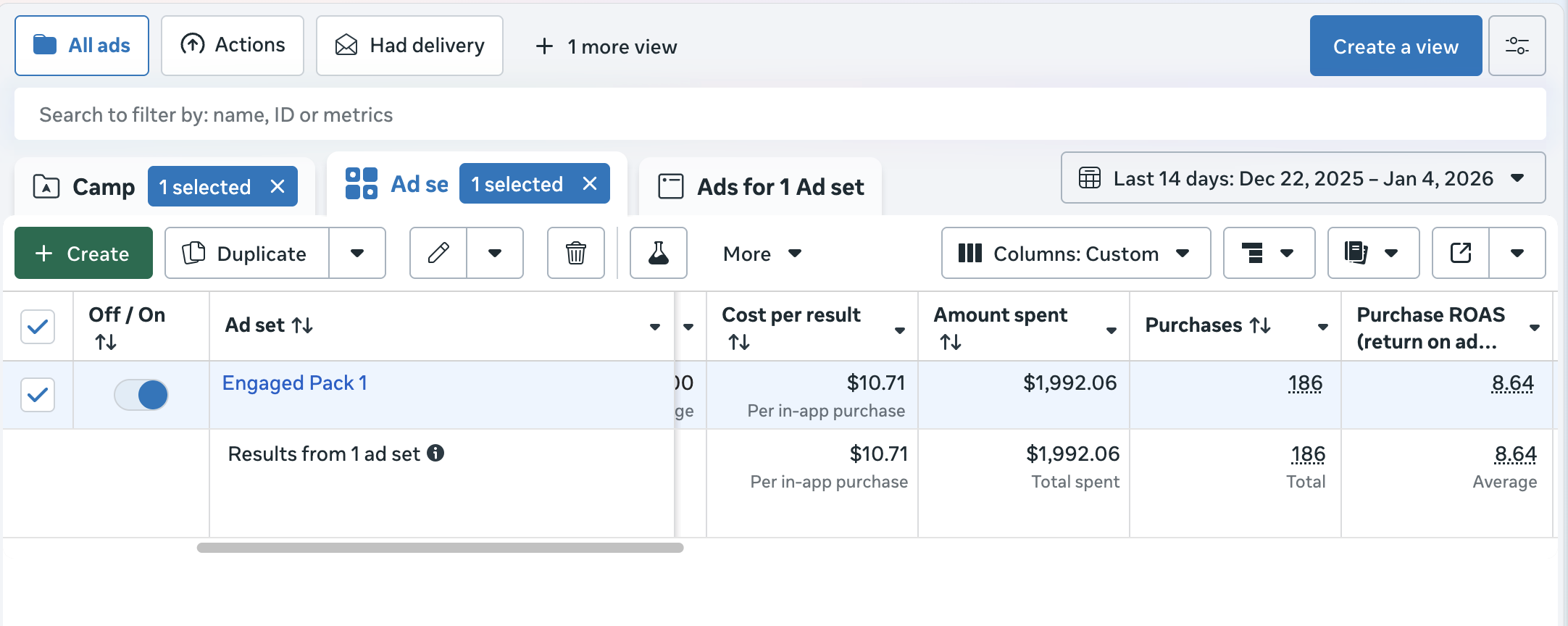 Meta Ads showing 8.64 ROAS with 186 in-app purchases